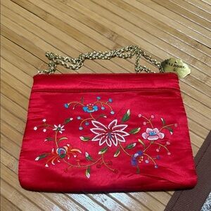 Walborg Red Satin Handmade Floral Embroidered Clutch